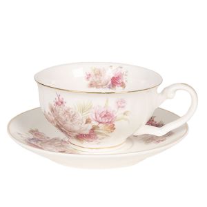 Tasse & soucoupe fleurs blanc, rose et liseré or Clayre & Eef